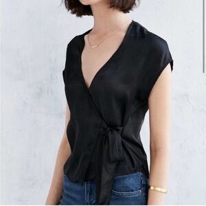 Urban Outfitters Silence + Noise Black Satin Wrap Tie Short Sleeve Top